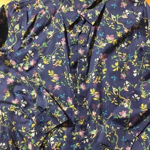 Coldwater Creek Navy Floral Birds Button-Up Shirt 3/4 Sleeve Size 12